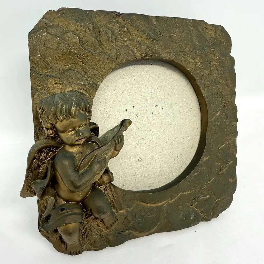 Cherub Playing Lute Angel Picture Frame Gold Rustic Stone Retro Vintage Style
